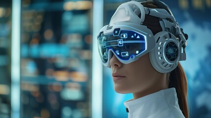 E-commerce startup concept. Smiling young businessman with a futuristic AI headset, holographic screens displaying around