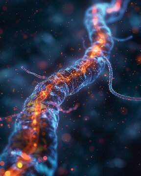 Scientific image displaying a motor neurons path from the spinal cord to muscle fibers, emphasizing its role in muscle control and movement
