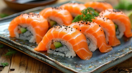   Sushi plate adorned with sesame seeds, garnished with sesame seeds