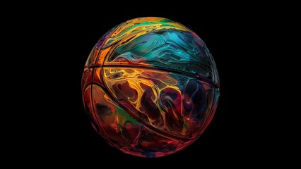 A basketball in the style of colorful photorealistic drawings against a black background