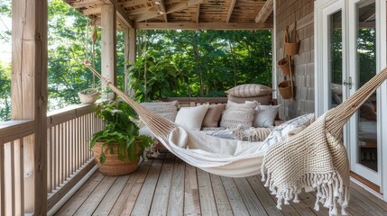 Fototapeta na wymiar Tranquil Retreat Terrace Snug Design Idea with Cozy Hammock and Blanket for Relaxation and Leisure 