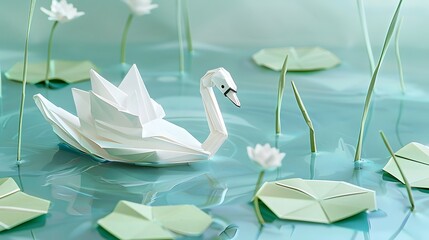 A delicate pastel-colored 3D origami swan gracefully gliding on a serene blue pond, surrounded by vibrant green lily pads and tall, slender reeds. - obrazy, fototapety, plakaty