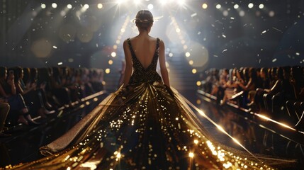 Glamorous Evening Gown Model on Fashion Runway Show