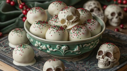   A white chocolate bowl filled with sprinkles sits beside another white chocolate sprinkle-covered treat