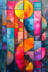 Abstract art showcasing a vibrant interplay of overlapping rectangles and circles with complex patterns