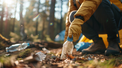 A close-up of hands wearing biodegradable gloves picking up litter around a campsite. The focus is...