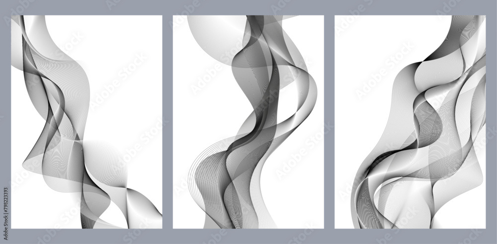 Aufkleber abstract black and grey waves luxury line pattern (guilloche curves) background set. vector backdrop