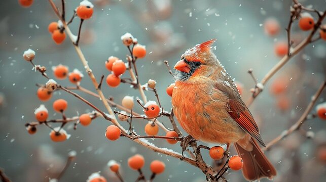   A bird perched on a tree branch, surrounded by berries in the fg, while snowflakes fell softly on the ground below