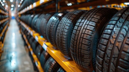 Fototapeta premium Wide Selection: New Tires Available for Sale in Tire Store or Large Warehouse, Catering to Vehicle Needs 