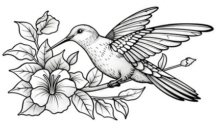   A Hummingbird in Flight - A Black and White Drawing of a Hummingbird with Wide Open Wings Sitting on the Branch of a Flower