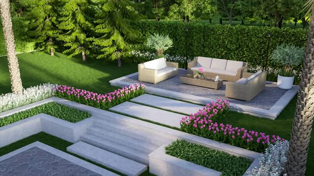 Animation A arial to normal view of modern contemporary loft style terrace with green fence wall background 3d render, There are concrete steps, decorated with outdoor rattan furniture
