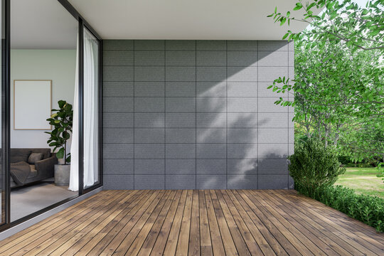 Modern contemporary style wooden terrace with blank concrete tile wall for copy space 3d render There is a door that opens into the living room overlooking nature view background
