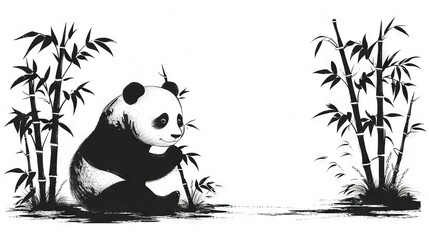   A monochrome depiction of a panda lounging beside a bamboo tree, its limbs immersed in the water below - obrazy, fototapety, plakaty