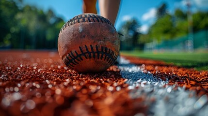 Close Up of a Baseball on a Baseball Field. Generative AI