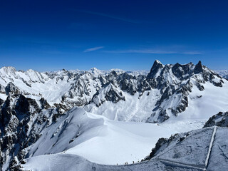 Haute-Savoie, France, 04-25-2024: off ski slope from L’Aiguille du Midi (Needle at midday), the...