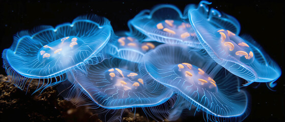 A cluster of deep-sea bioluminescent comb jellies pulsating gently
