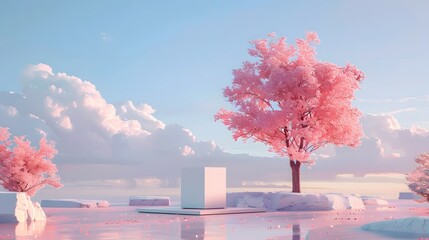 A lone podium awaits its speaker amidst a tranquil pastel landscape, inviting contemplation and...