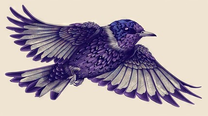 Fototapeta premium A purple bird with spread-out wings against a white backdrop