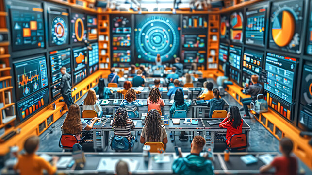 A classroom scene depicting a teacher and students gathered in front of a large monitor, engaging in interactive learning and technology integration.