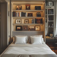 A luxurious bedroom suite with minimalist design elements, featuring a built-in bookshelf framing the bed, adorned with a mix of novels and personal mementos - Image #4 @FBS Digital Store
