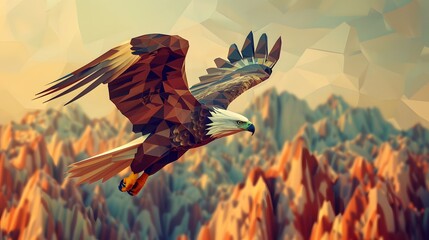 A majestic eagle crafted from sharp polygons, soaring high above a landscape of geometric mountains and valleys. - obrazy, fototapety, plakaty