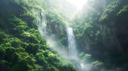 A majestic waterfall cascading down a lush green mountainside, with sunlight filtering through the mist.