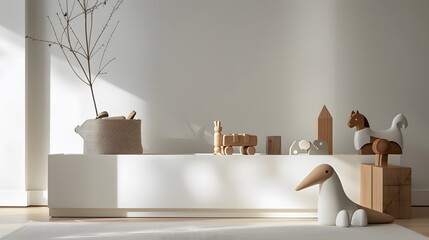 A minimalist composition featuring a sleek, modern toy box with clean lines, showcasing a collection of timeless wooden toys.