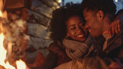 The warmth of the fire creates a comfortable atmosphere as a couple sits close having a deep and intimate conversation. 2d flat cartoon.