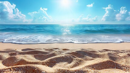   A sandy beach with waves crashing onto the shore and a clear blue sky adorned with fluffy white clouds