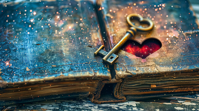 A book with a key and a heart on it. The book is open to a page with a starry sky background