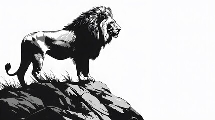 A monochrome vector of majestic lion standing proudly on a rocky outcrop, its mane billowing in the wind.