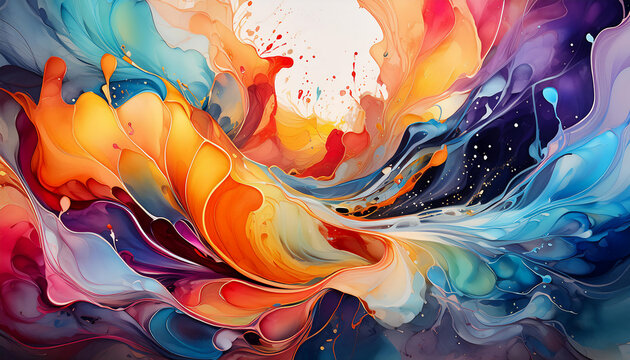 abstract colorful watercolor background with waves orange and blue paint swirls wallpaper