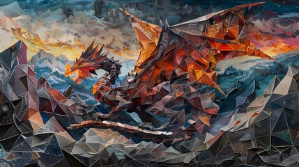 A mystical dragon crafted from intricate polygons, breathing fire amidst a landscape of geometric mountains and valleys.