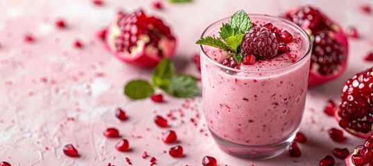 Vibrant pomegranate smoothie in glass with freshly cut pieces on soft pink background