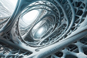 Intricate lattice-like structures intertwining in a futuristic 3D space