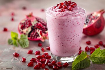 Vibrant pomegranate smoothie with fresh pieces on soft pink background, rich colors and textures