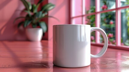 White Coffee Mug on Pink Counter