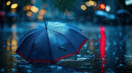 Blue Umbrella in Puddle of Water
