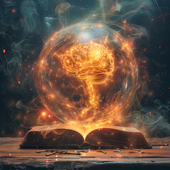 A glowing brain is inside a glass sphere, with smoke and fire surrounding it. Concept of mystery and wonder, as if the brain is a portal to another world or a gateway to the unknown