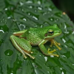 Fototapeta premium Tree frog Agalychnis Callidryas on a green leaf with water droplets on it