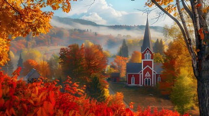 A picturesque village church with a towering steeple, surrounded by colorful autumn foliage ablaze...