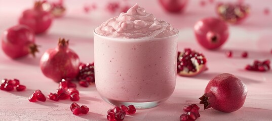 Artistic pomegranate smoothie on pink backdrop highlighting vibrant colors and textures