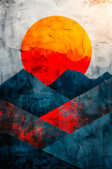 Modern abstract art featuring a minimalist sunset and mountain design