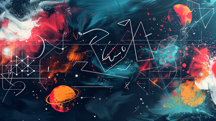 A colorful painting of a galaxy with a large orange planet in the center. The painting is full of abstract shapes and lines, giving it a dreamy and imaginative feel