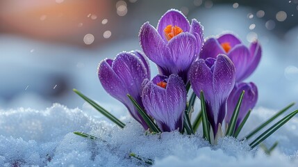 Group of Purple Flowers on Snow Covered Ground