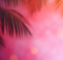 Pink bokeh background, palm leaves, copy space