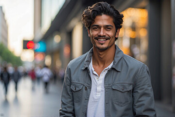 Naklejka premium Young latino man at daylight in the streets of big city
