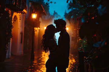 A man and a woman sharing an intimate kiss, a romantic moment between a couple in love