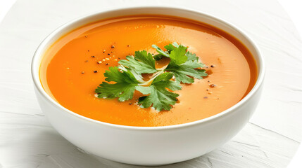 Minimalistic photo of carrot and coriander soup on white background.