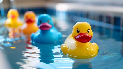 A row of adorable rubber duckies floating in a bathtub, their bright colors reflecting in the water